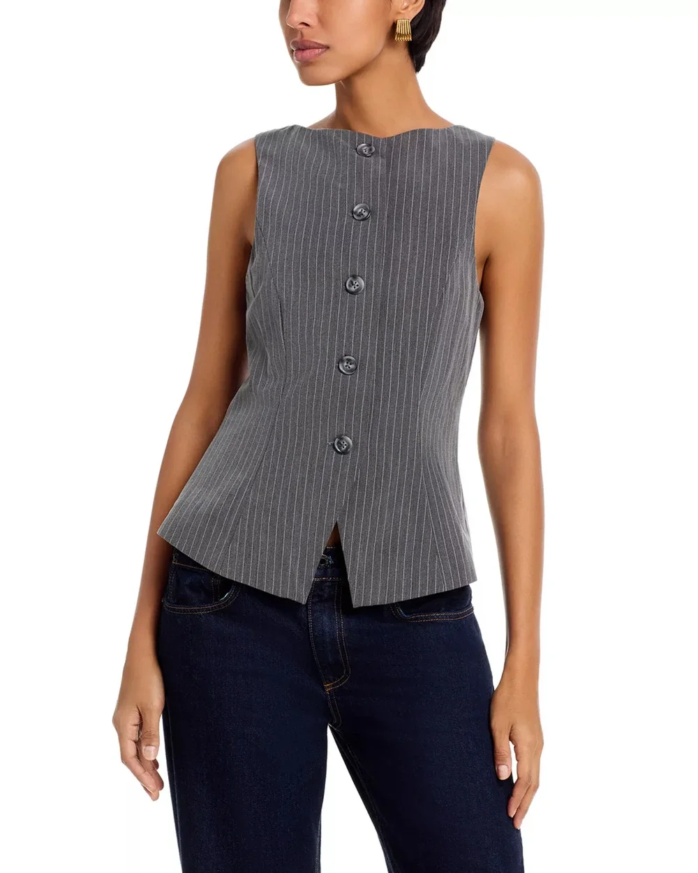 French Connection Women Grey Pinstriped Minka Classic Button Up Vest Size US 6